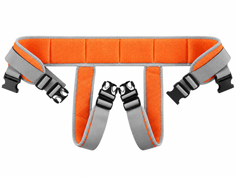 Wheelchair safety support belt in orange and gray on a clean white background