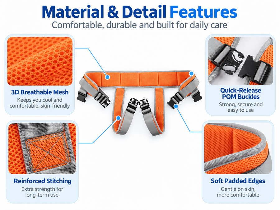 Wheelchair safety support belt material details with breathable mesh, reinforced stitching, quick-release POM buckles and soft padded edges