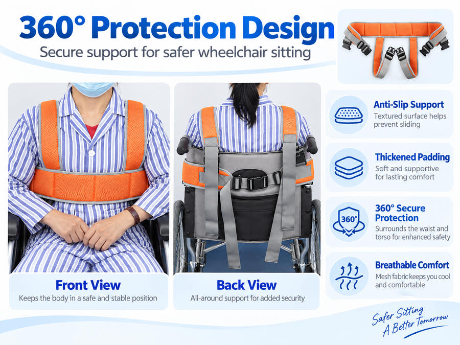 Wheelchair safety support belt front and back positioning support with 360 degree protection design
