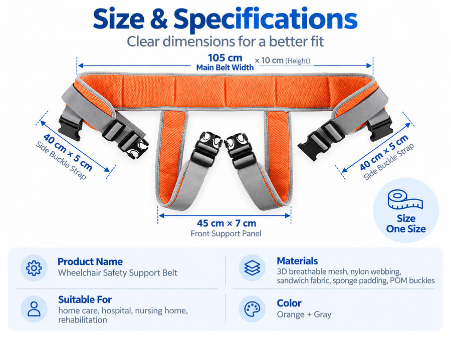 Wheelchair safety support belt size guide with 105 cm main belt, 45 x 7 cm front support panel and 40 x 5 cm side buckle straps