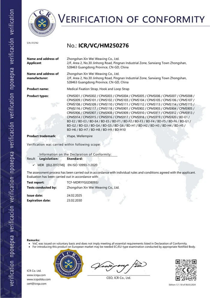 ICR Verification of Conformity document for listed medical fixation straps