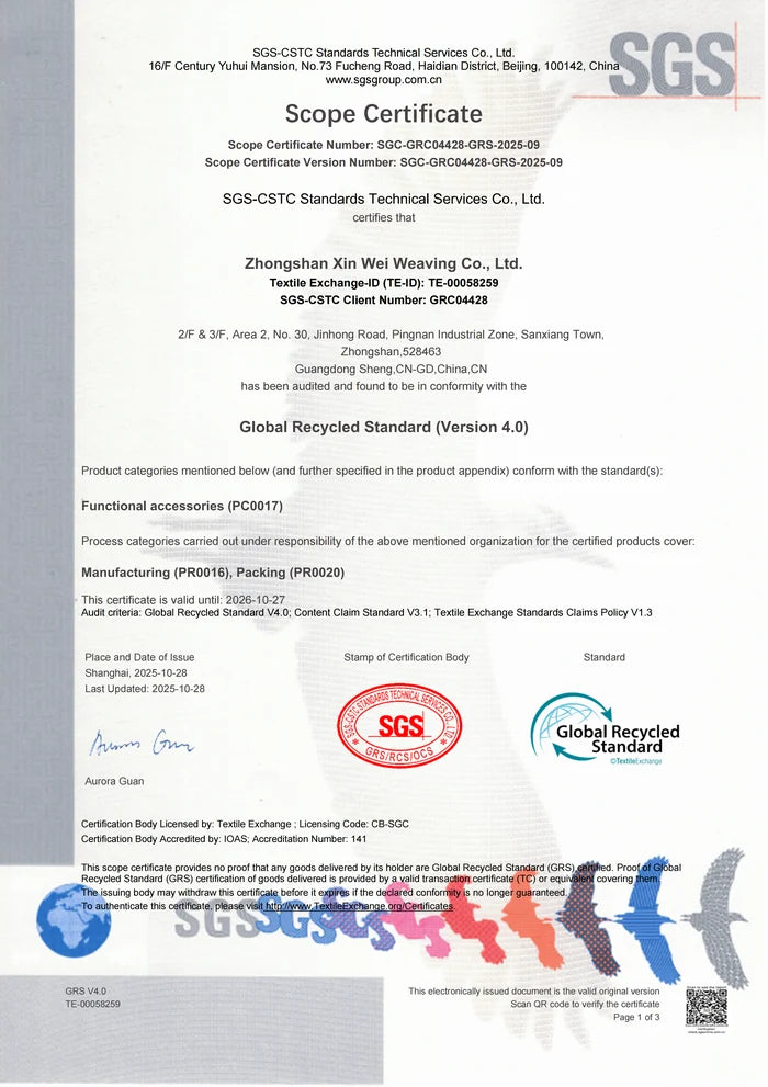 SGS Global Recycled Standard scope certificate